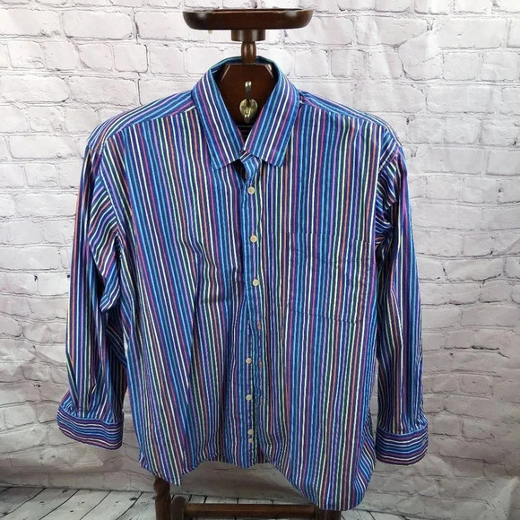 alan flusser bright stripe button down shirt size large preppy office - Picture 1 of 5